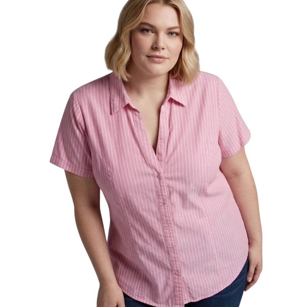Riders by Lee Womens Pink White Striped Short Sleeve Button Down Shirt Size 1X